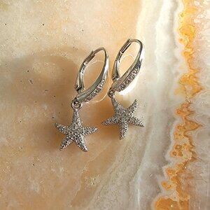 Pave Starfish Drop Earrings .925 Sterling Silver Summer Jewelry